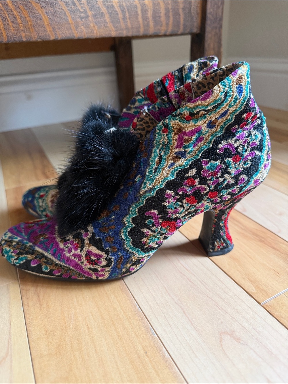 Baci Baroque Revival Tapestry Booties Black Fur Trim Vintage Inspired Shoes, 8 - Picture 3 of 14